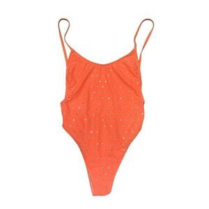 Revolve Jaded London Orange Silver Sexy High Cut Side Plunge Cheeky One Piece 6